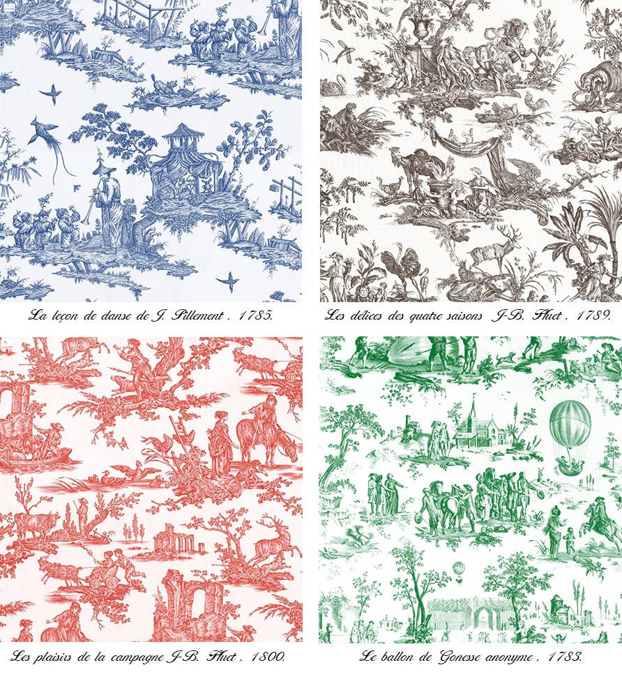 Mix of Jouy fabrics with colors and patterns to different sketches